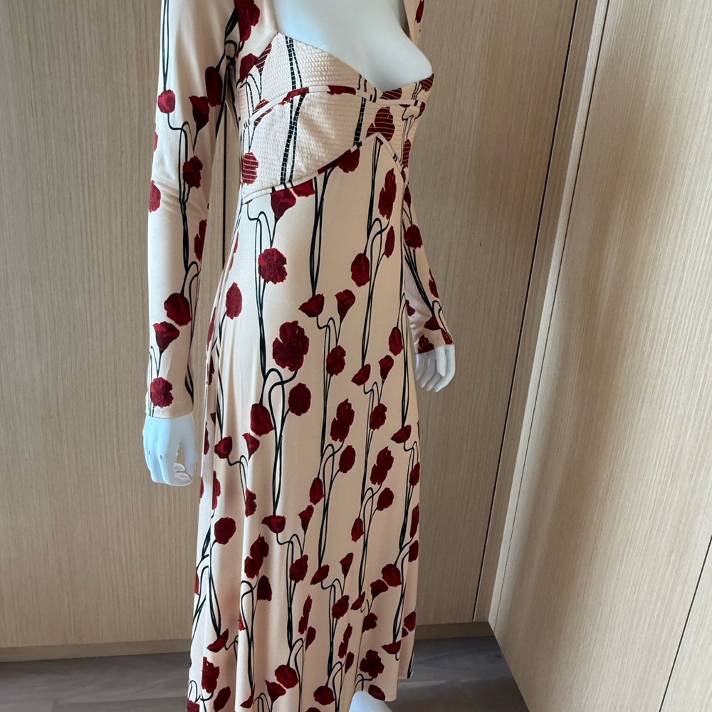 Johanna Ortiz Cream and Red Floral Long Sleeve Dress Scarlet Letter 8 nwt